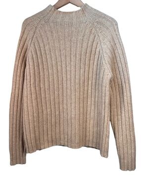 J Crew 100% Wool Mock Neck Sweater Size Large Beige Ribbed Knit Pullover Vintage